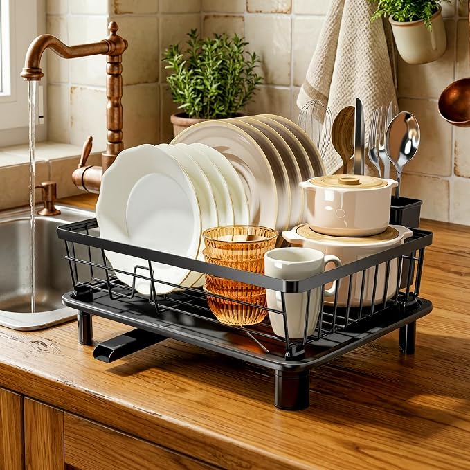 MOUKABAL Dish Drying Rack, Dish Rack, Stainless Steel Dish Racks for Kitchen Counter, Dish Drainer with Removable Utensil Holder, Drainboard (Black,11''W x 15''L)
