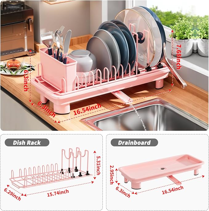 SanDream Small Dish Drying Rack with Removable Utensil Holder & Anti-Scratch Base - Stainless Steel Dish Rack, Dish Drying Rack with Drainage & Space Saving Design for Kitchen Counter, Pink