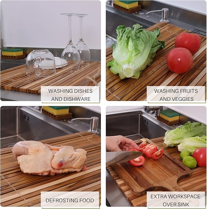 HTB Over Sink Dish Drying Rack 17.8'' x 16.1, Kitchen Teak Wood Roll Up for Dishes,Plates, Bowls, Wooden Cover Counter Space