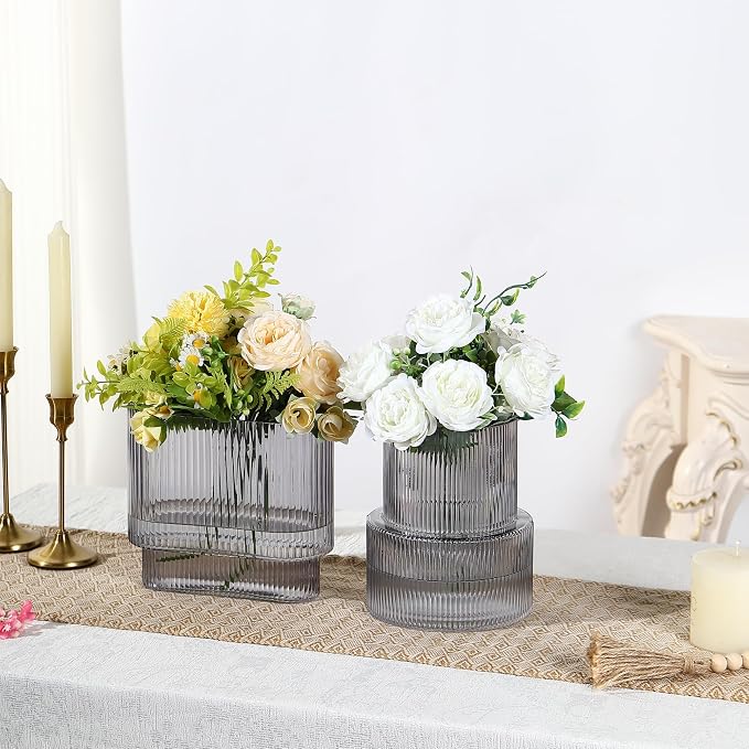Black Glass Vases, Set of 2 Ribbed Vases for Flowers, Black Vase for Tulips, Modern Glass Vase for Living Room, Dining Table, Office, Entryway, Mantle, Bookshelf, Wedding Gifts