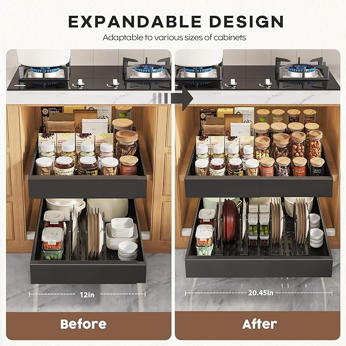 Seinloes 4Pack Expandable Pull Out Cabinet Organizer 21"Deep With Raising Pad for Framed Cabinets,Slide Out Drawers with 4pcs Divider Racks,Roll Out Shelves Adhesive,Adjustable Width 12.05"-20.4"Black