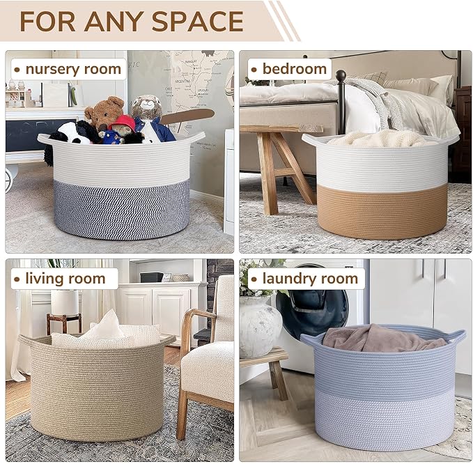INDRESSME 115L Extra Large Jute Rope Basket, Blanket Basket Home Decor Baby Laundry Baskets for Toys Storage Bedroom, Living Room, Nursery, Boho Hamper for Colthes Towel, White & Camel