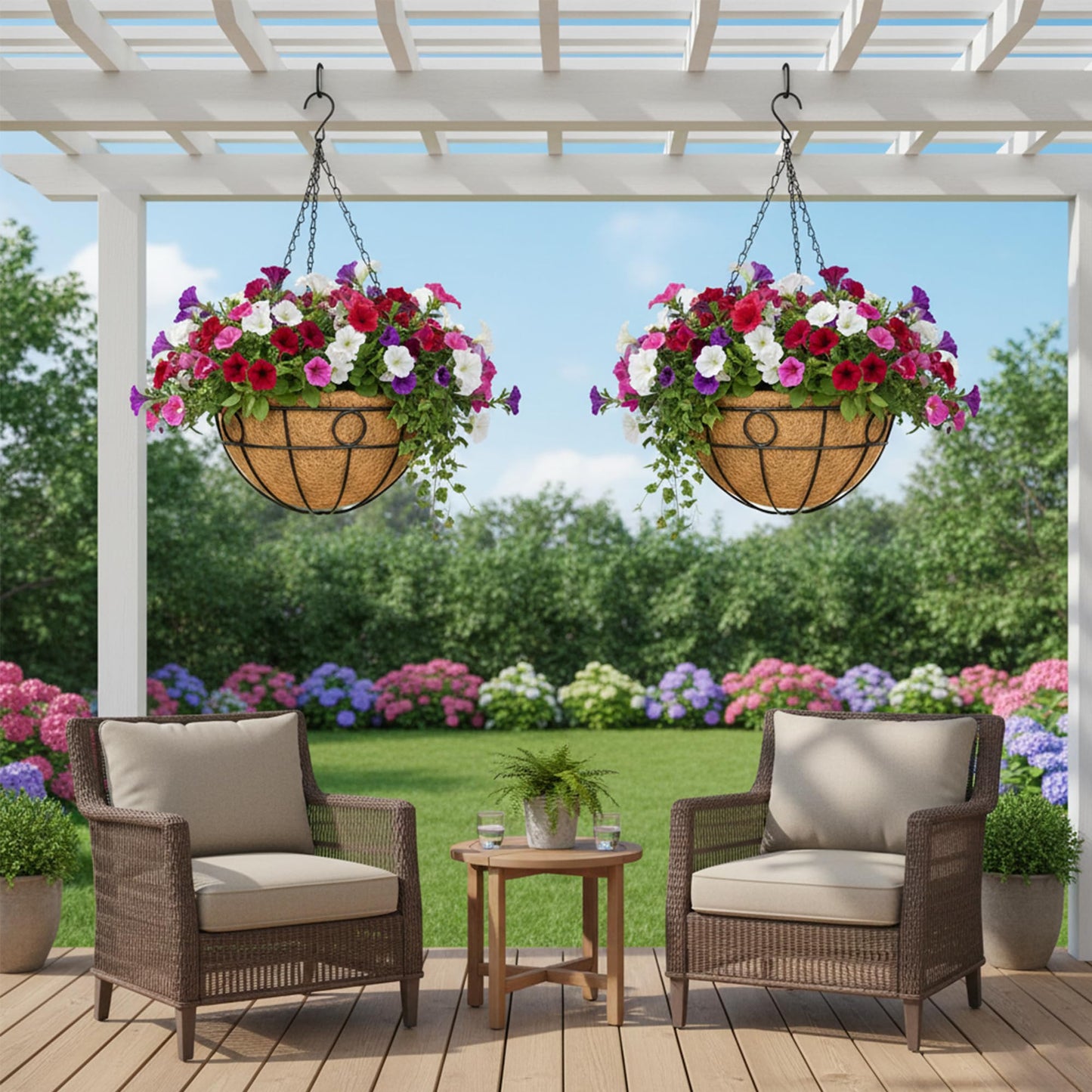 EIMQUVW Outdoor Hanging Planter(4-Pack) Black Metal Hanging Baskets with Coconut Fiber Lining 14 inch Round Chain Flower Pots for Patio Garden Greenery Decoration
