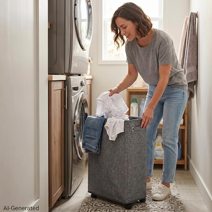 DOKEHOM 25-Inches Slim Laundry Basket on Wheels, Collapsible Rolling Laundry Hamper, Foldable Narrow Corner Clothes Storage Bins (Linen Grey)