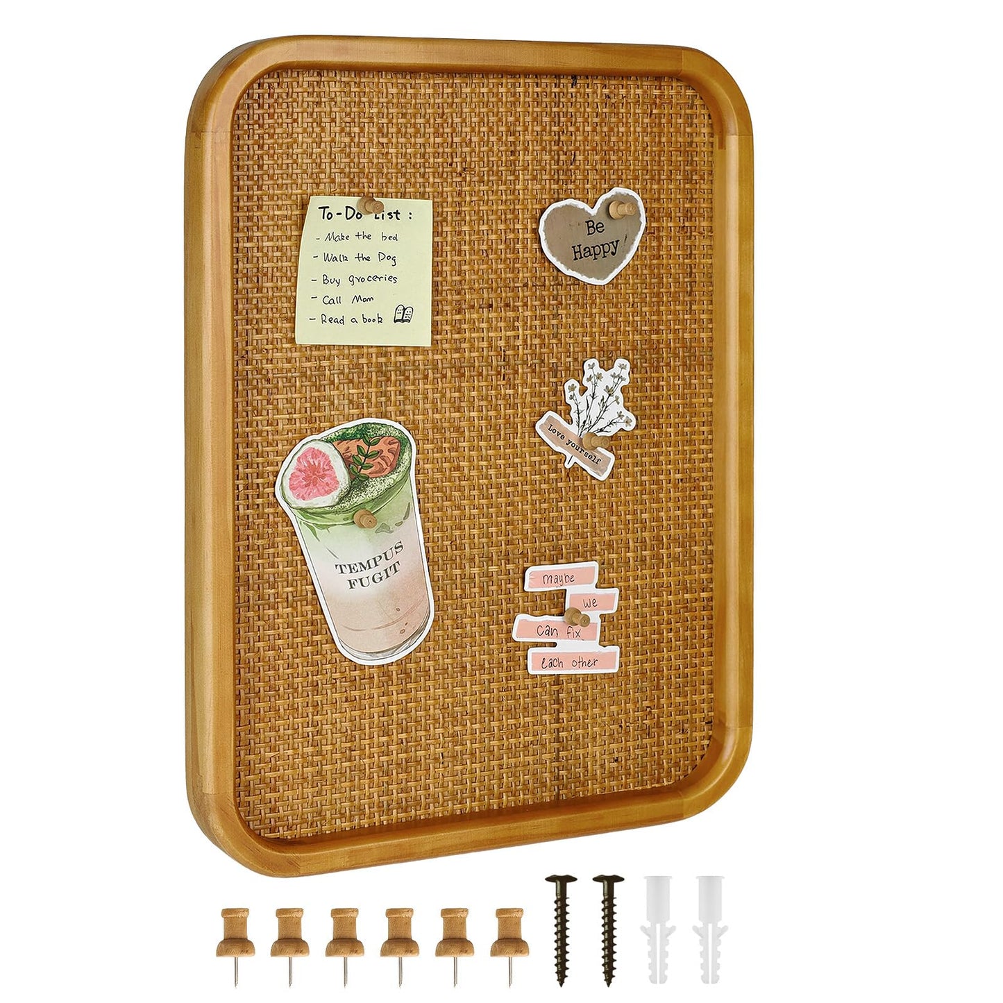Umtiti 13" x 17" Bulletin Board, Round-Edged Rectangle Cork Board，Wooden Frame with Boho Style Rattan Wall Organizer,3343Teng