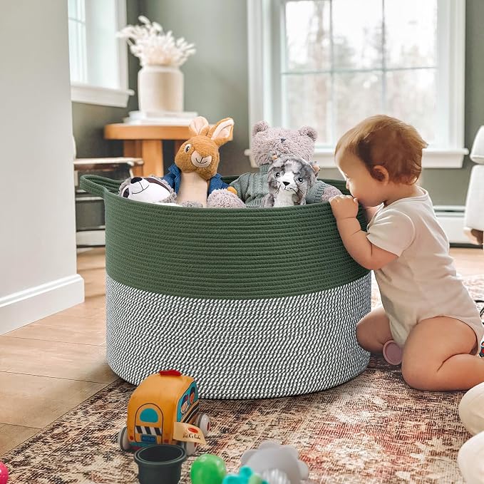 INDRESSME 115L Extra Large Cotton Rope Blanket Basket, Home Decor Laundry Storage Basket for Organizing Bedroom, Living Room, Nursery, Toy Storage for Colthes Towel, Green