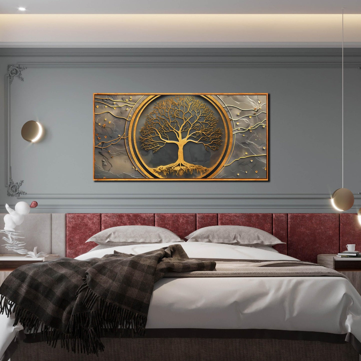 Tree Pictures Wall Art for Living Room - Gold Modern Wall Decor Office - Wooden Framed Wall Art Size 29" x 59"