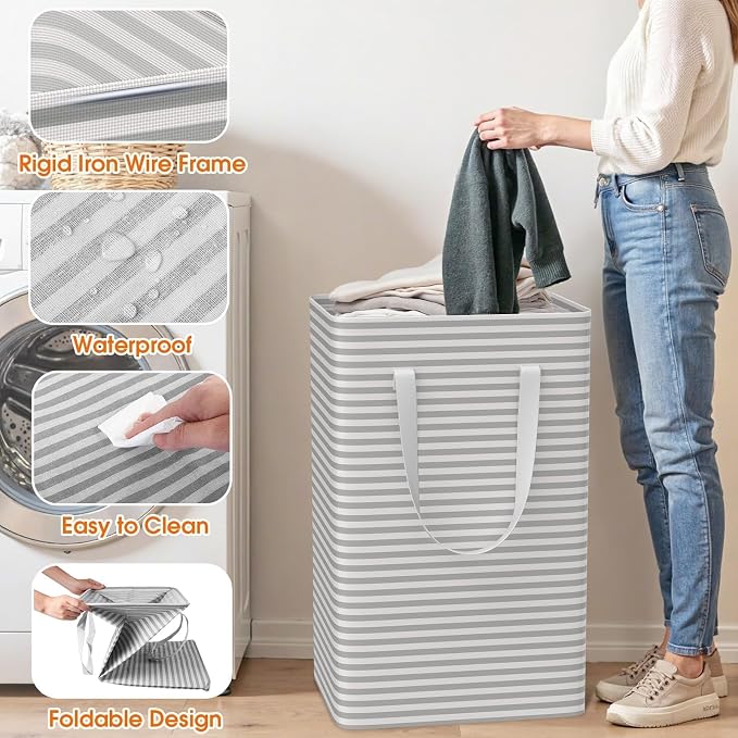 3 Pack Laundry Basket 75L Each, Waterproof & Freestanding Large Laundry Hamper, Collapsible Clothes Hampers with Easy Carry Handles in Bedroom Bathroom, College Dorm(225L Total, Gray)
