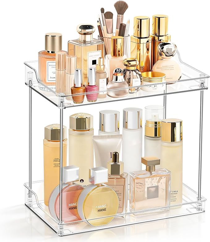 2 Tier Bathroom Counter Organizer, Clear Bathroom Counter Shelf for Vanity Countertop, Kitchen, Sink Storage, Tiered Skincare Organizer for Makeup, Perfume, Beauty Supplies (Rectangular)