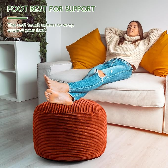 HIGOGOGO Round Stuffed Pouf Ottoman, Corduroy Poufs with Foam Chunk Filling, Furry and Fluffy Pouf Foot Stool Storage Ottoman, 26 X 18 Floor Poufs Foot Rest for Living Room, Terra Cotta