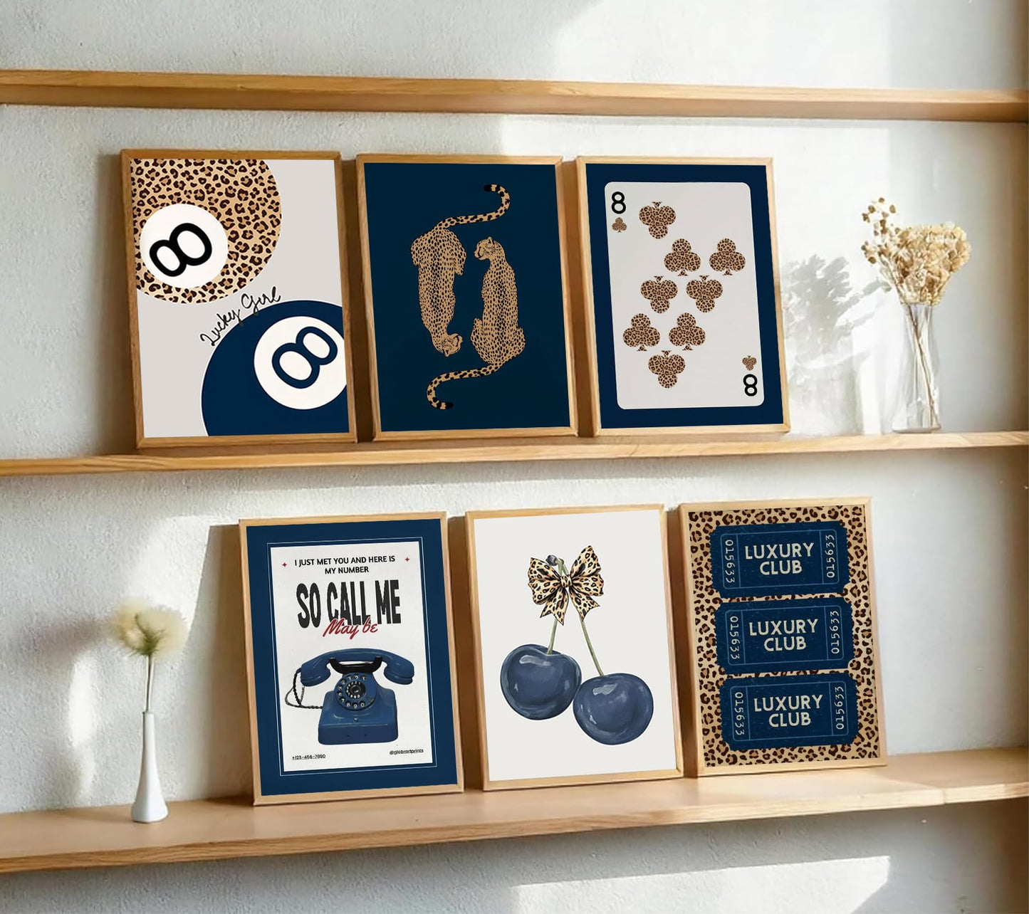 6Pcs Navy Blue Trendy Leopard Canvas Wall Art Fashion Lucky 8 Ball Painting pictures Preppy Y2K Aesthetics Wall Decor Trend Cheetah Prints Artwork for College Dorm Home Decoration 8x10in Unframed