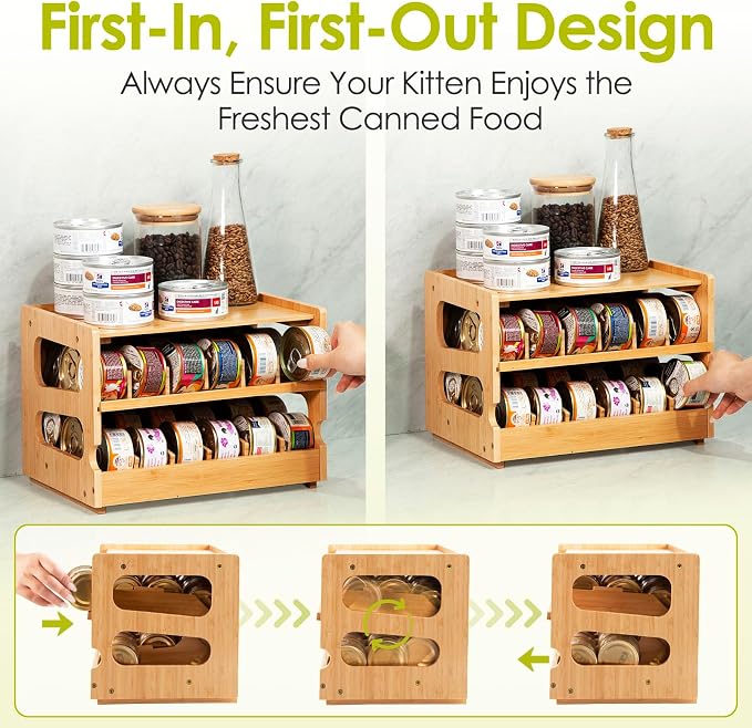 Coanto Cat Food Can Organizer for Pantry, Bamboo 2-Tier FIFO Rotating Can Dispenser, Holds 36 (3oz) Wet Cat Food Cans, Stackable Storage Shelf for Kitchen Cabinet