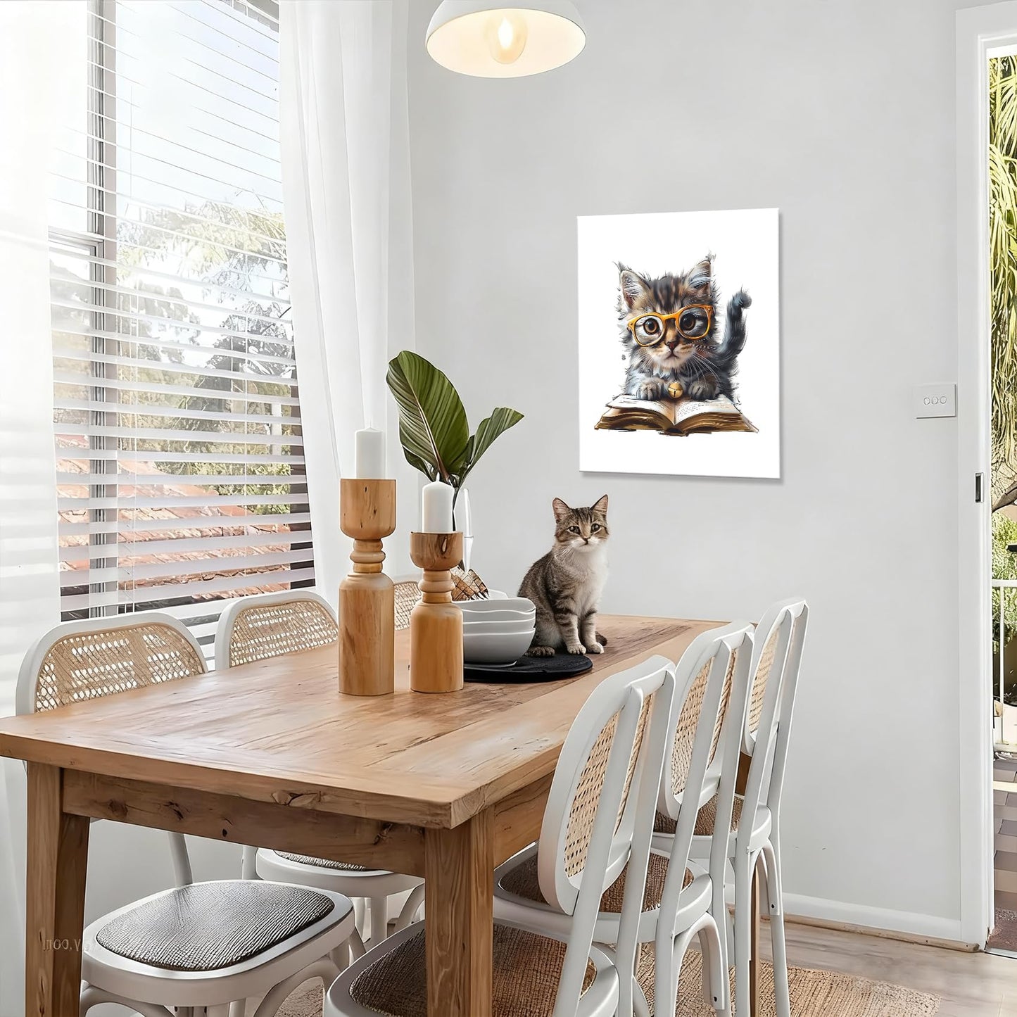 HVEST Cute Cat Wall Art Funny Cat Reading Book Modern Abstract Canvas Wall Art, Animal Wall Art for Living Room Bathroom Bedroom Office Decor, 16L x 12W Inches, Black