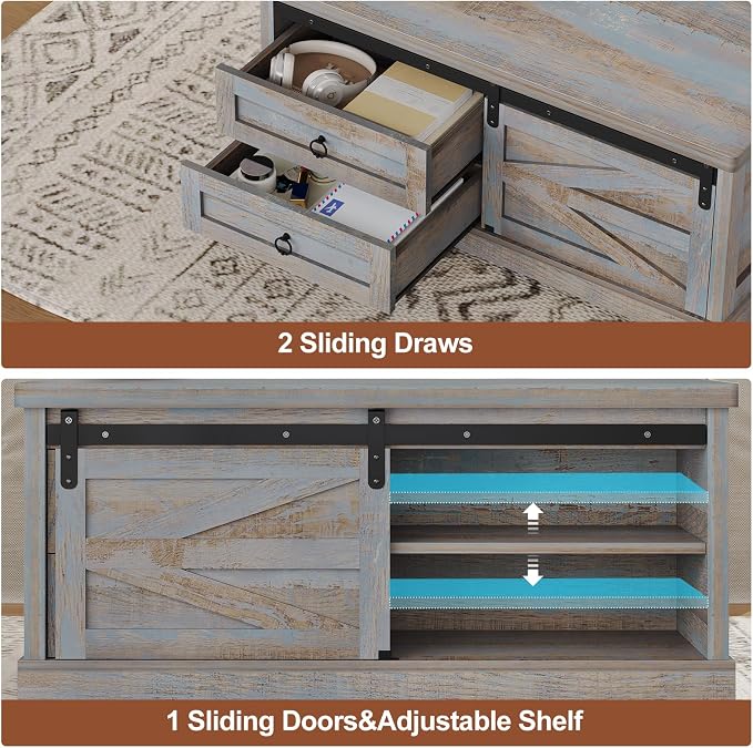 Itaar 39.4'' Lift Top Coffee Table with Storage, Farmhouse Coffee Tables for Living Room, Square Coffee Table with Large Hodden Compartment & 2 Drawrs & Adjustables Shelves (Blue)