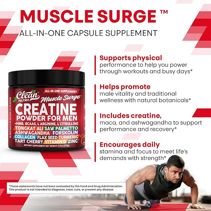 Clean Nutra Creatine Powder for Men + HMB BCAA L Arginine L Citrulline Tongkat Ali Saw Palmetto Ashwagandha Collagen Flax Seed Turmeric Preworkout Stevia Nitric Oxide L Glutamine Amino Acids