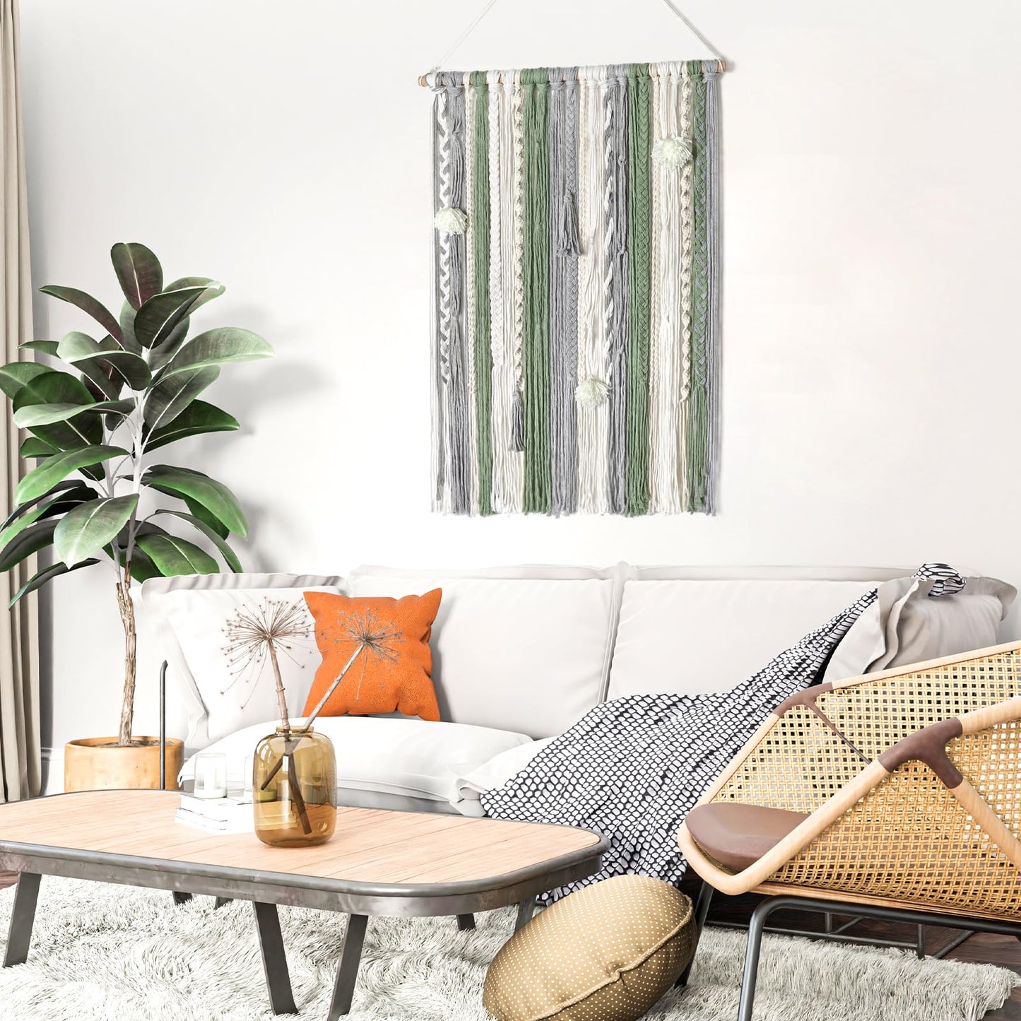 LOMOHOO Large Macrame Wall Hanging Boho Chic Home Decor, Green Gray Beige Yarn Tassel Woven Fringe Handmade Wall Art Decoration for Bedroom Living Room, Gift for Friend Girls Adults 23.6" Wx 34" L