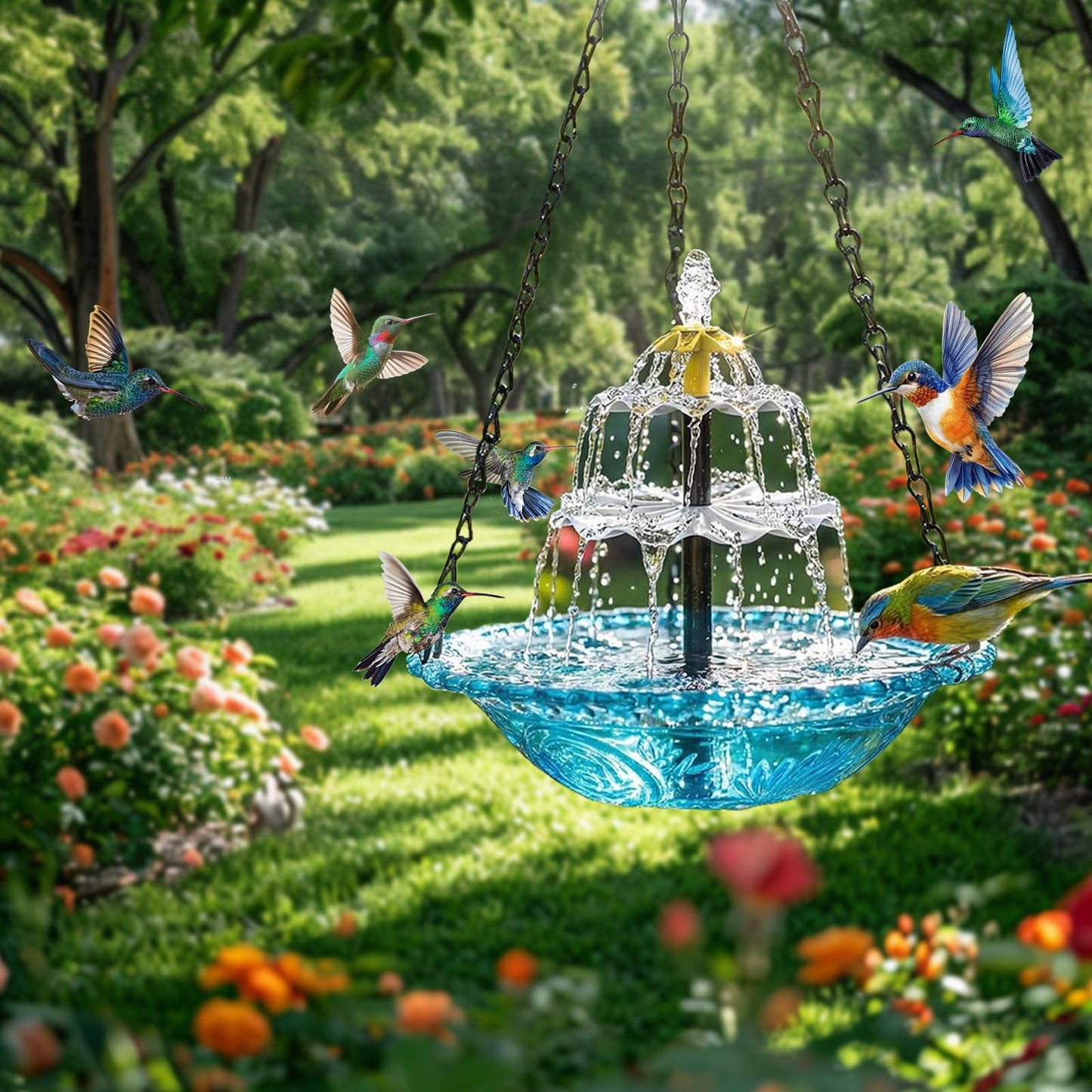 Hanging Solar Bird Bath Fountain, 2026 New Solar Powered Cascading Outdoor Water Fountain, Large Humming Birds Baths Fountains for Outdoors Garden Patio Backyard Lawn Decor
