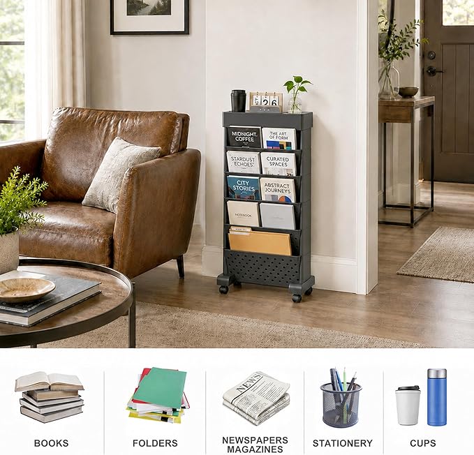 6-Tier Bookshelf, Book Storage Organization with Wheels Mobile Rolling Bookshelves Cart for Home Office Kids’ Study Room School, Black