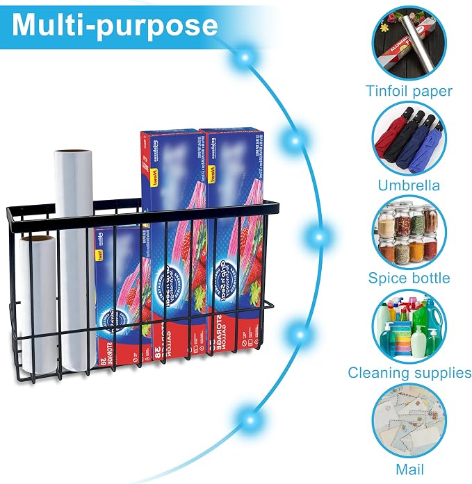 Cabinet Door Organizer Basket 2 Pack, Foil and Plastic Wrap Organizer with 2 Sponges, Lid Organizers Inside Cabinet, Metal Basket for Kitchen Organizers and Storage, Utility, Black (Medium,Large)