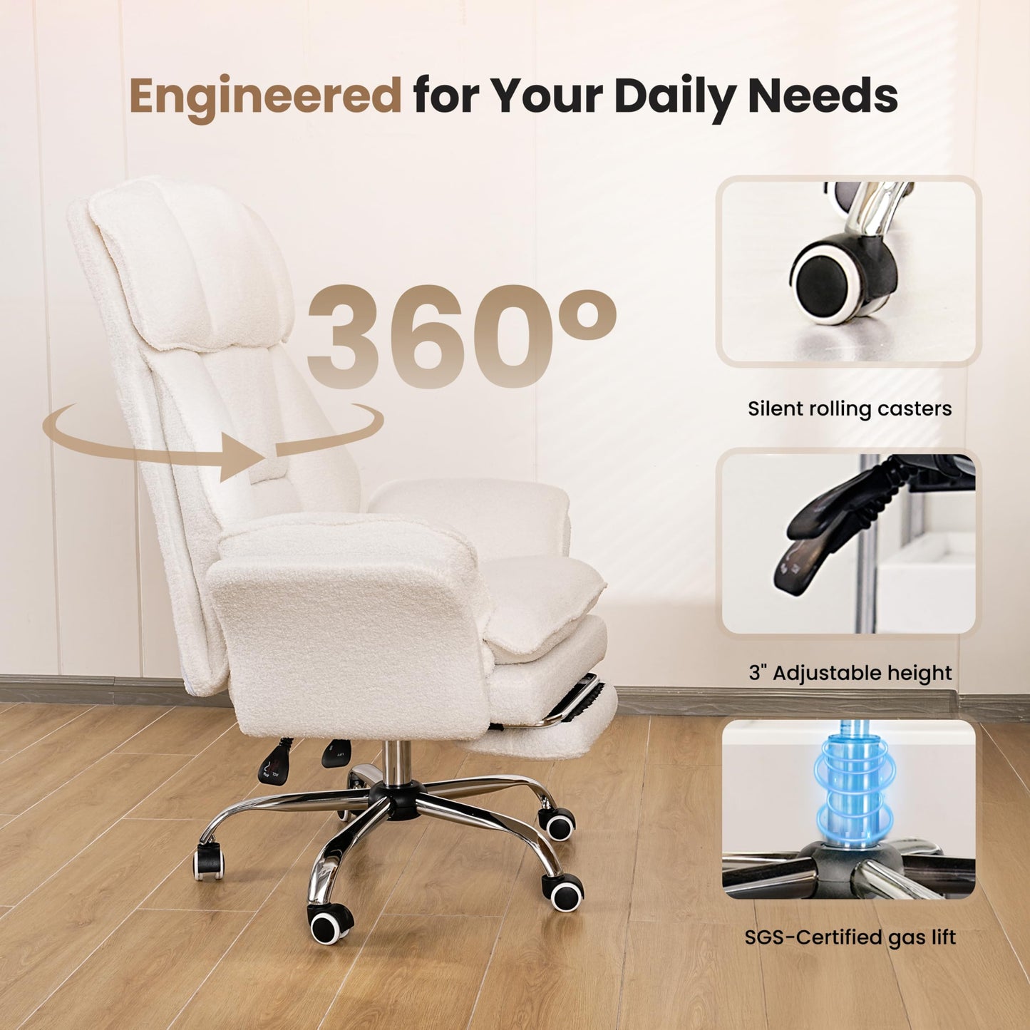 Big and Tall Office Chair, Flip Armrests for Pets & Cross Legged Sitting, Executive Ergonomic Computer Gaming Chair with Foot Rest, Teddy Fleece Wide Seat Reclining Desk Chair, White Vanity Chair