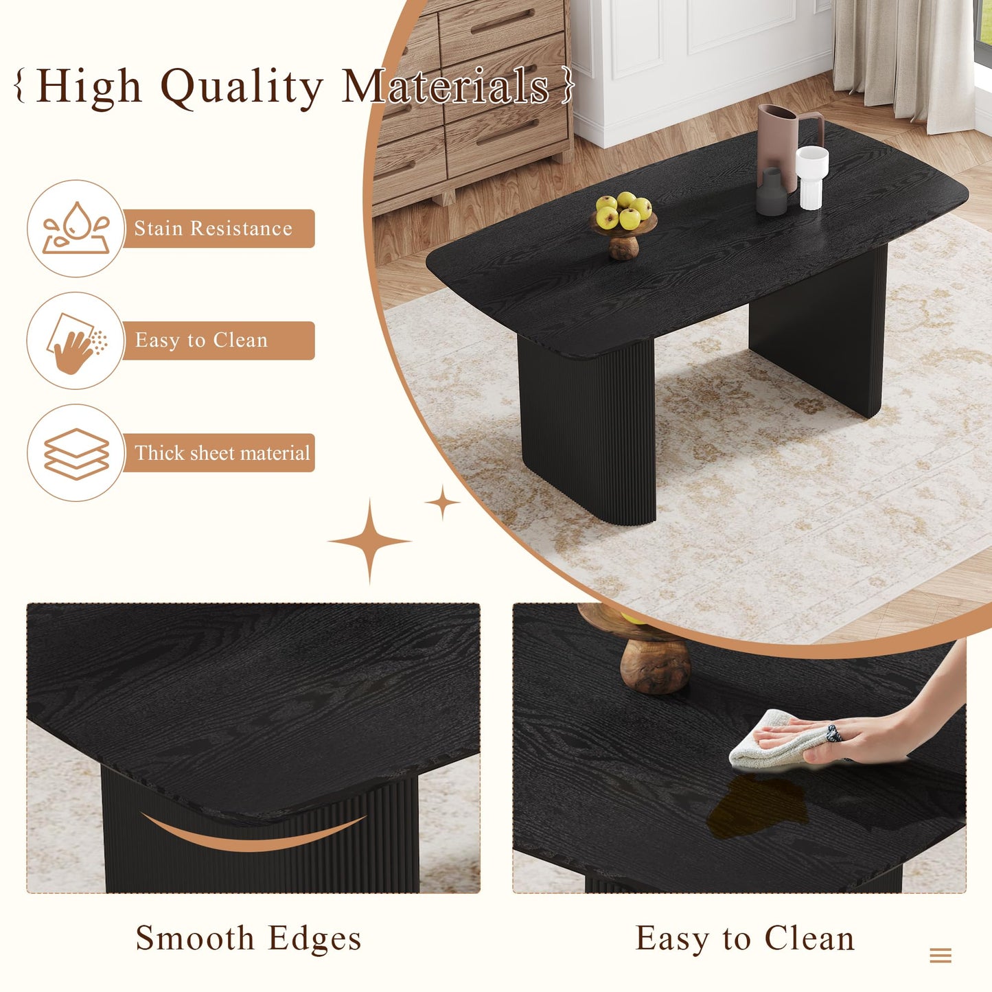 Ebullient Modern Dining Table for 6-8 People, 67'' Black Oval Kitchen and Dining Room Tables, 3.5'' Thick Wood-Patterned Tabletop with Matte Black Tablelegs, Space Saving Kitchen Table