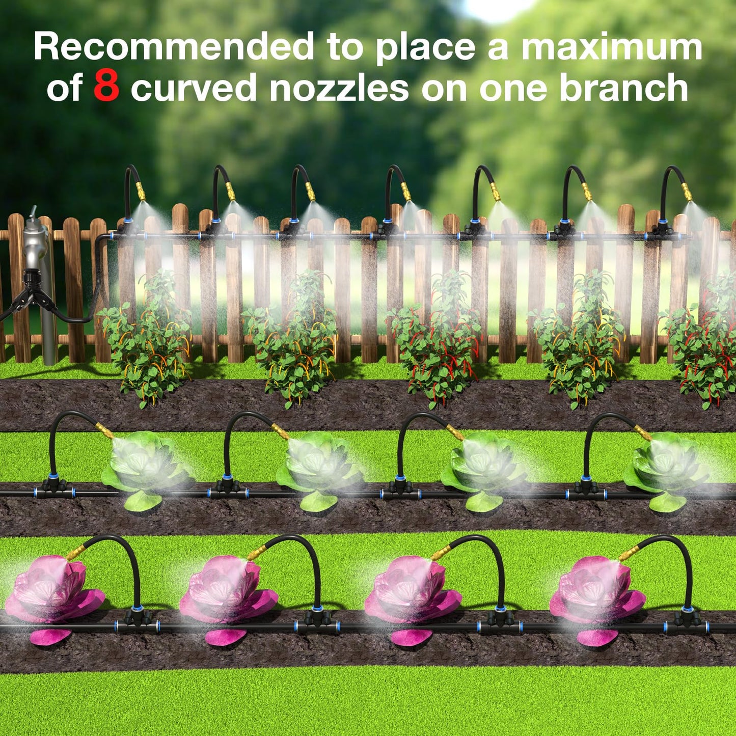 MIXC 1/4" Drip Irrigation System, Adjustable Copper Nozzles (7.8ft Rod Length, 12pcs nozzles and connectors,NO Water Pipe)
