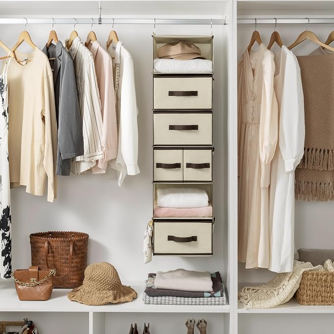 GRANNY SAYS Hanging Closet Organizers and Storage 6 Shelves, Closet Hanging Organizer with 5 Drawers, 6 Side Pockets Hanging Storage Organizer, Portable Clothes Organizer for Closet, Beige