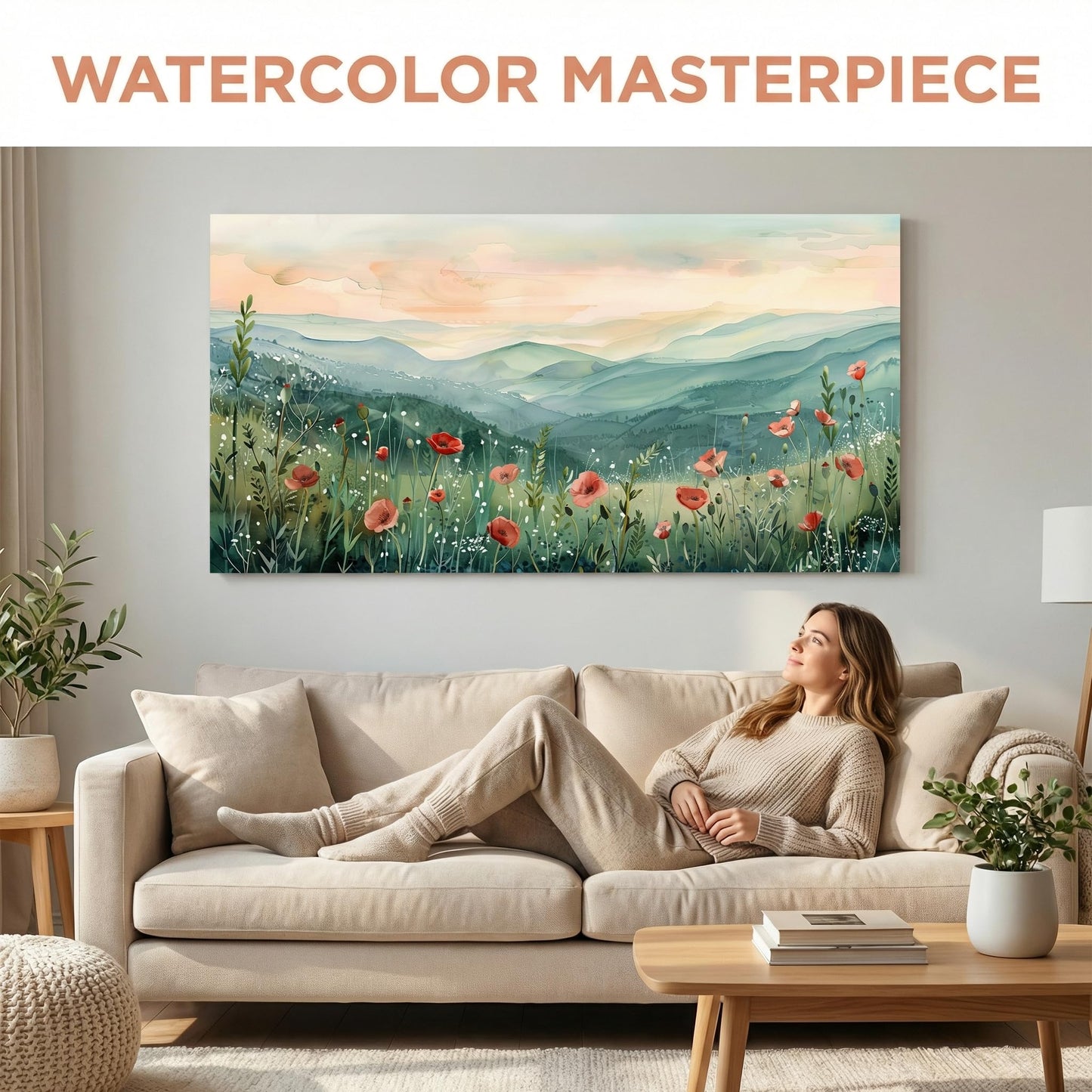 Tucai Decor Floral Landscape Canvas Wall Art 20 x 40 inches Poppies in Mountain Valley Home Decor Art Prints for Living Room Bedroom Office Ready to Hang