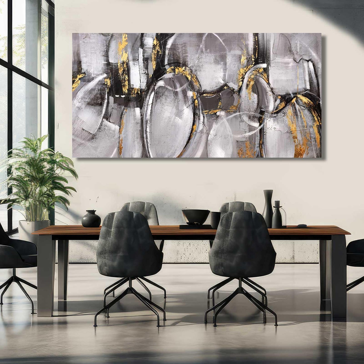 XIANSHOU Black and Grey Painting Pictures Abstract Wall Decor for Office 29"x 58" Modern Artwork Gold Foil Wall Art for Living Room Dining Room Bedroom
