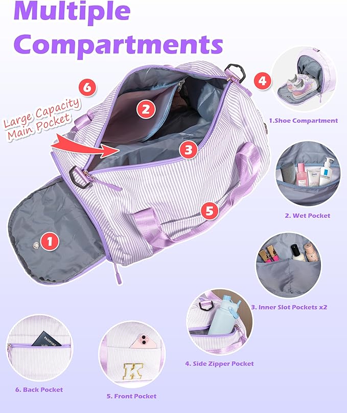 Dorm Room Essentials for Girls, Girl Gym Bag, Kids Initial Overnight Duffel Bags with Shoe Compartment, Personalized Dance Bag with Makeup Pouch, Preppy Stuff Gifts for Kid (Letter G)