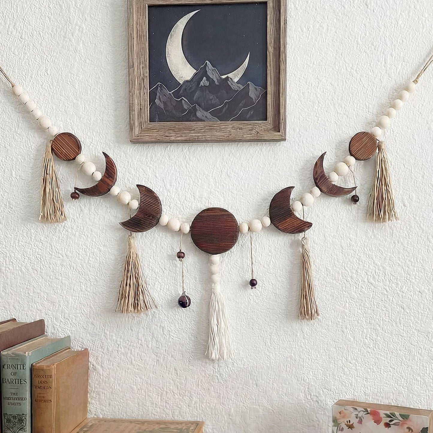 Leinuosen Moon Phase Wall Hanging Wood Beaded with Tassel Boho Wall Art Decor Astrology Aesthetic Moon Garland Celestial Decor for Living Room Bedroom Dorm Apartment, 40" Long