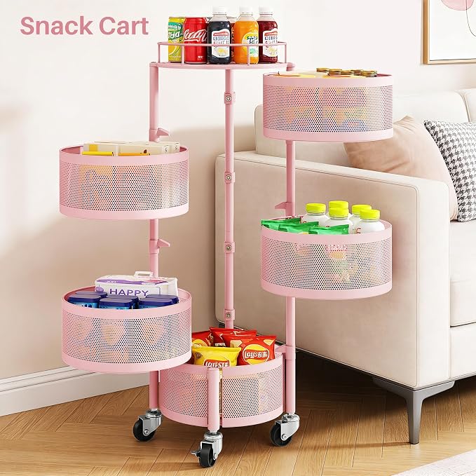 SNTD Fruit and Vegetable Basket Bowls for Kitchen with Metal Top Lid, 5 Tier Rotating Storage Rack Cart for Potato Onion Bread Banana, Wire Basket Organizer on Wheels, Large, Pink