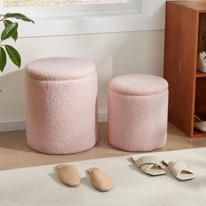 Royal Windsor Boucle Round Ottoman with Storage Set of 2,Small Foot Stool Ottoman for Living Room, Small Coffee Table,Vanity Stool with Storage for Bedroom, Pink