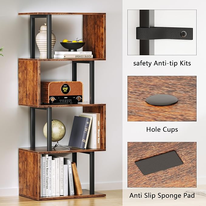 Furologee 5 Tier Bookshelf, S Shaped Geometric Bookcase, Narrow Freestanding Display Shelves, Modern Wood Decorative Storage Rack for Bedroom, Living Room, Home Office, Rustic Brown