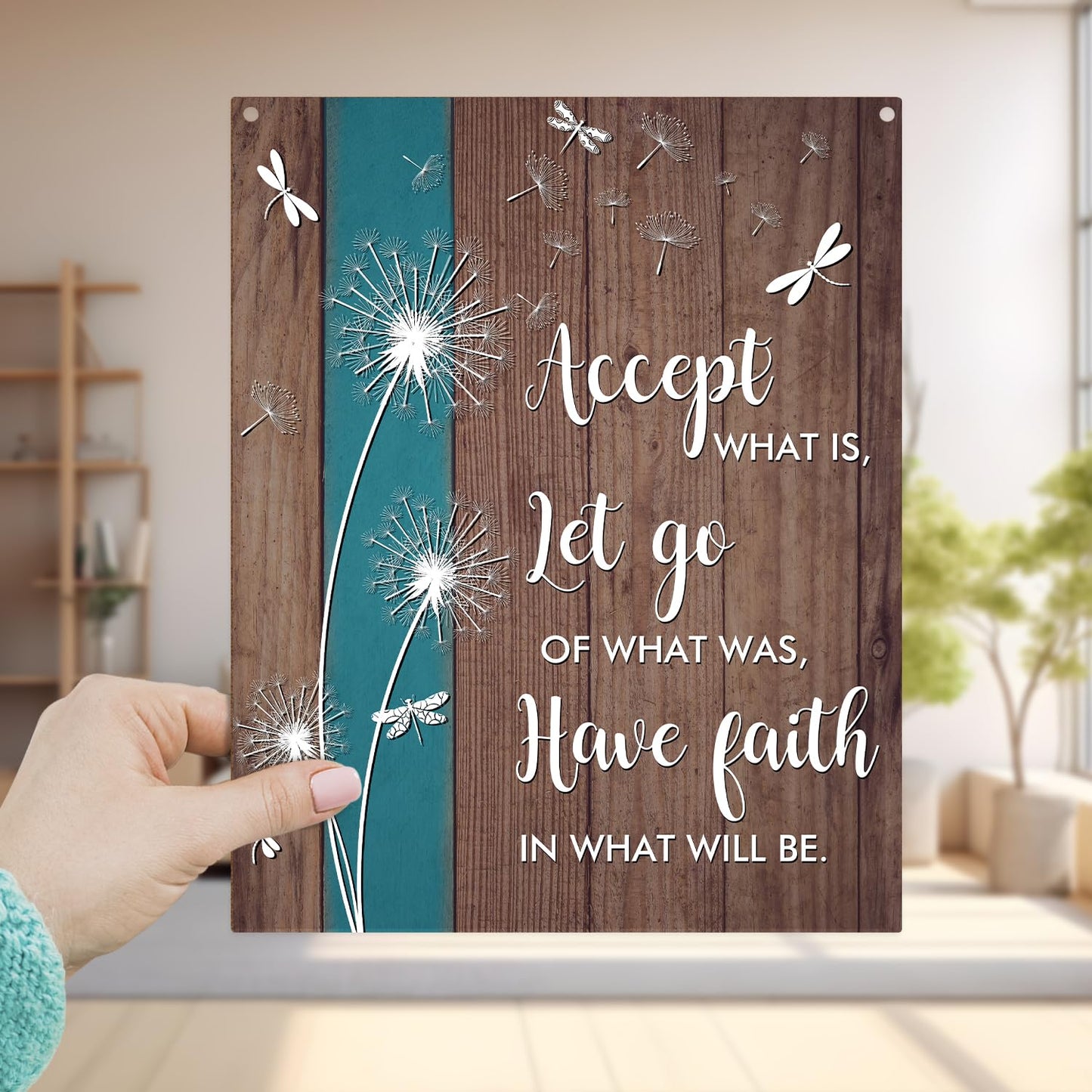 Dandelion Gift Accept What is Let Go of What was Have Faith in What Will Be Inspirational Wood Hanging Sign Plaque with Rope Bedroom Wall Home Shelf Porch Living Room Kitchen Decor -51