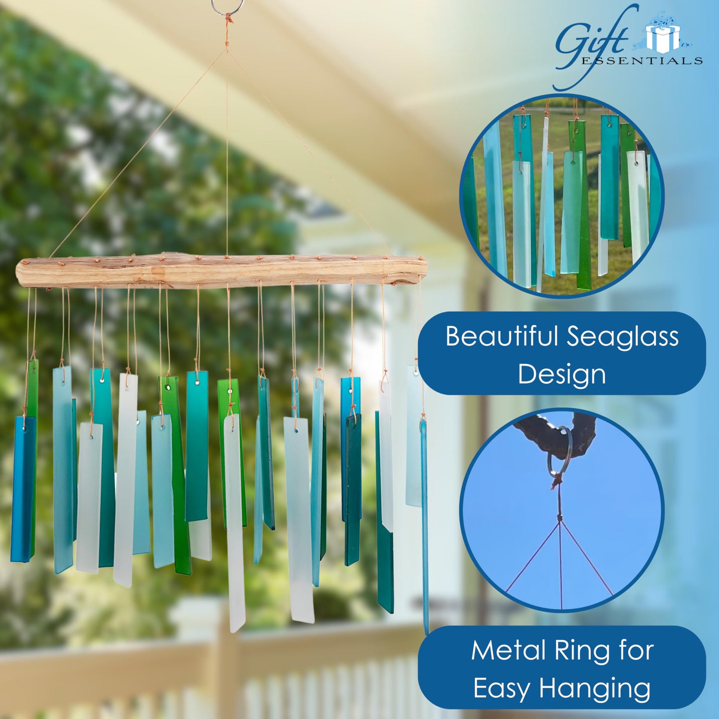 Blue Handworks Sea Glass and Driftwood Chime - Sandblasted Glass and Found Wood Hand Crafted Wind Chime