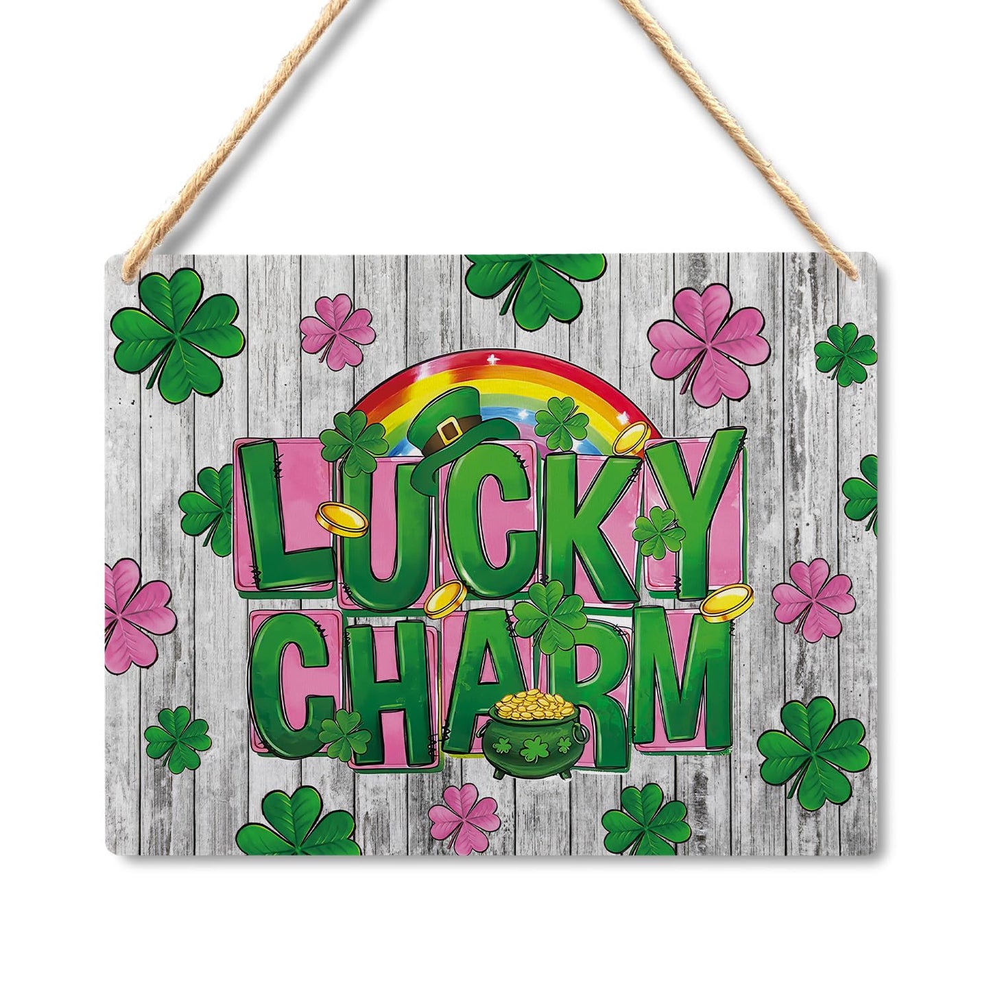 Absnfatu Lucky Charm St Patrick's Day Hanging Wood Sign 10x8, Irish Shamrock Clover Rainbow Wooden Hanging Plaque Wall Decor for Home Office