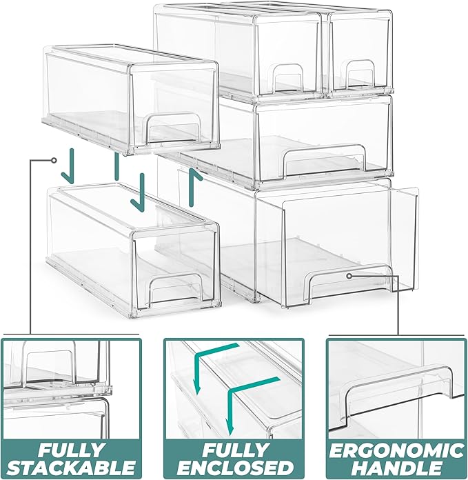 Sorbus Large Clear Stackable Storage Drawers – 4-Pack Plastic Organizer Bins with Handles – Stackable Pull-Out Storage Drawers for Closet, Pantry, Office, Bathroom, Craft, and Toy Organization
