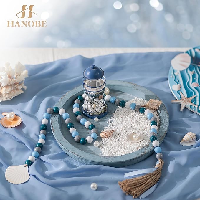 Hanobe Beach Decor Decorative Tray: Farmhouse Coastal Tray for Nautical Themed Decorations Coffee Table - Round Wooden Trays Ocean Style for Bathroom Countertop Centerpiece Rustic Blue