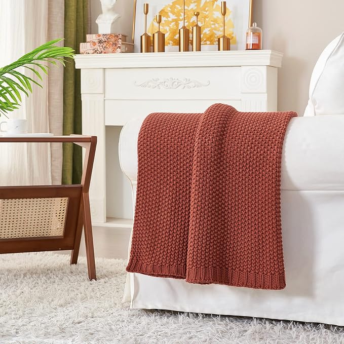 Longhui bedding Chunky Cable Knit Throw Blanket Lightweight Rust 100% Organic Cotton Blanket for Sofa Couch Bed Baby Nursery, Rustic Shabby Chic Modern Farmhouse, 51” x 63” Give Laundering Bag