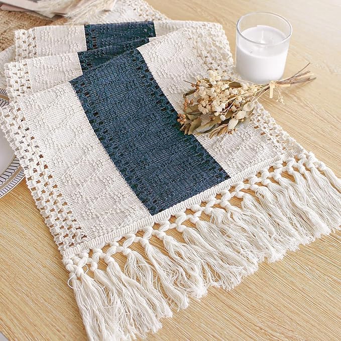 FEXIA Boho Blue Table Runner 90 Inches Long with Tassels Macrame Farmhouse Summer Style Graduation Party Rustic Wedding Baby Shower Dining Kitchen Living Room Decor (12x90 Inches)