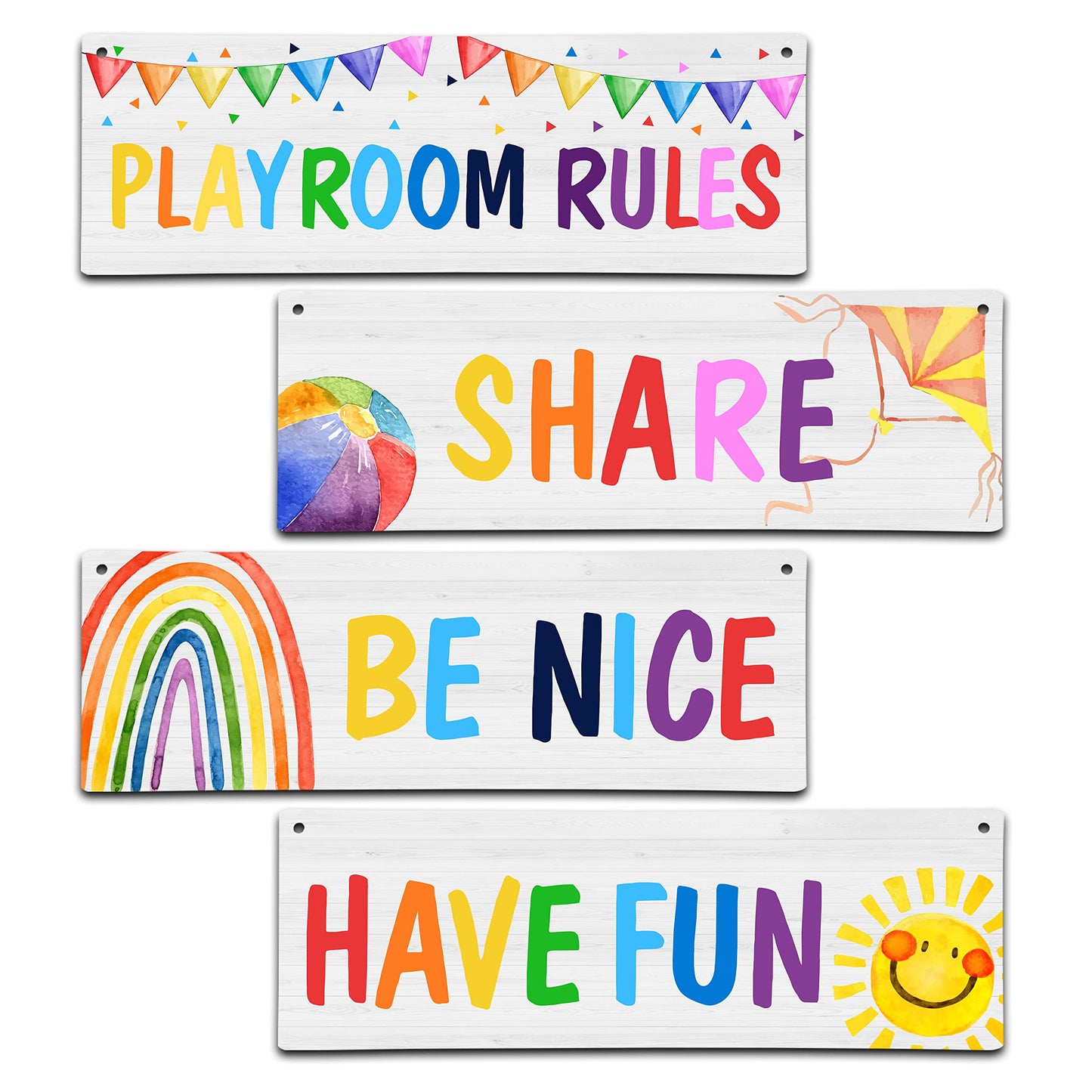 4 Pieces Playroom Decor Kids Room Wall Decor Wooden Sign - Rainbow Theme Motivational Wall Art For Kids Room Nursery Classroom - Playroom Rules Be Nice Share Have Fun(Sign-12)