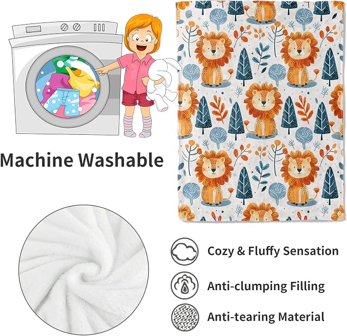 Cute Lion and Forest Blanket,Fun Cartoon Jungle Theme Throw Blankets,Birthday Gifts for Kids & Animal Lovers,Lightweight Soft Fleece,for Picnic Sofa Couch Bed Room Travel,Modern Decor,40x50in