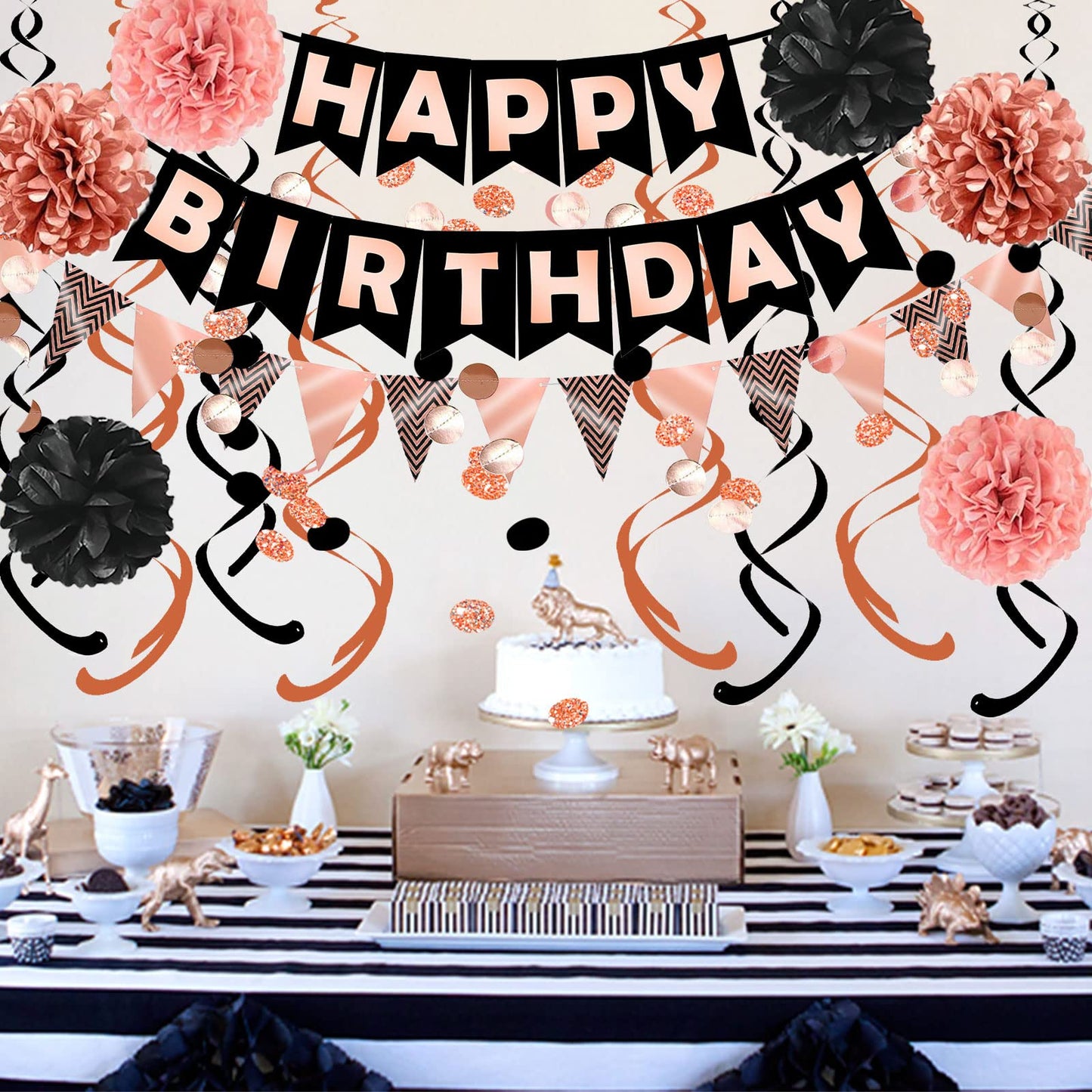 FECEDY Rose Gold Black Theme Happy Birthday Banner Flag Bunting Paper Circle Confetti Garland Swirl Streamers Honeycomb Ball for Birthday Party Decoration