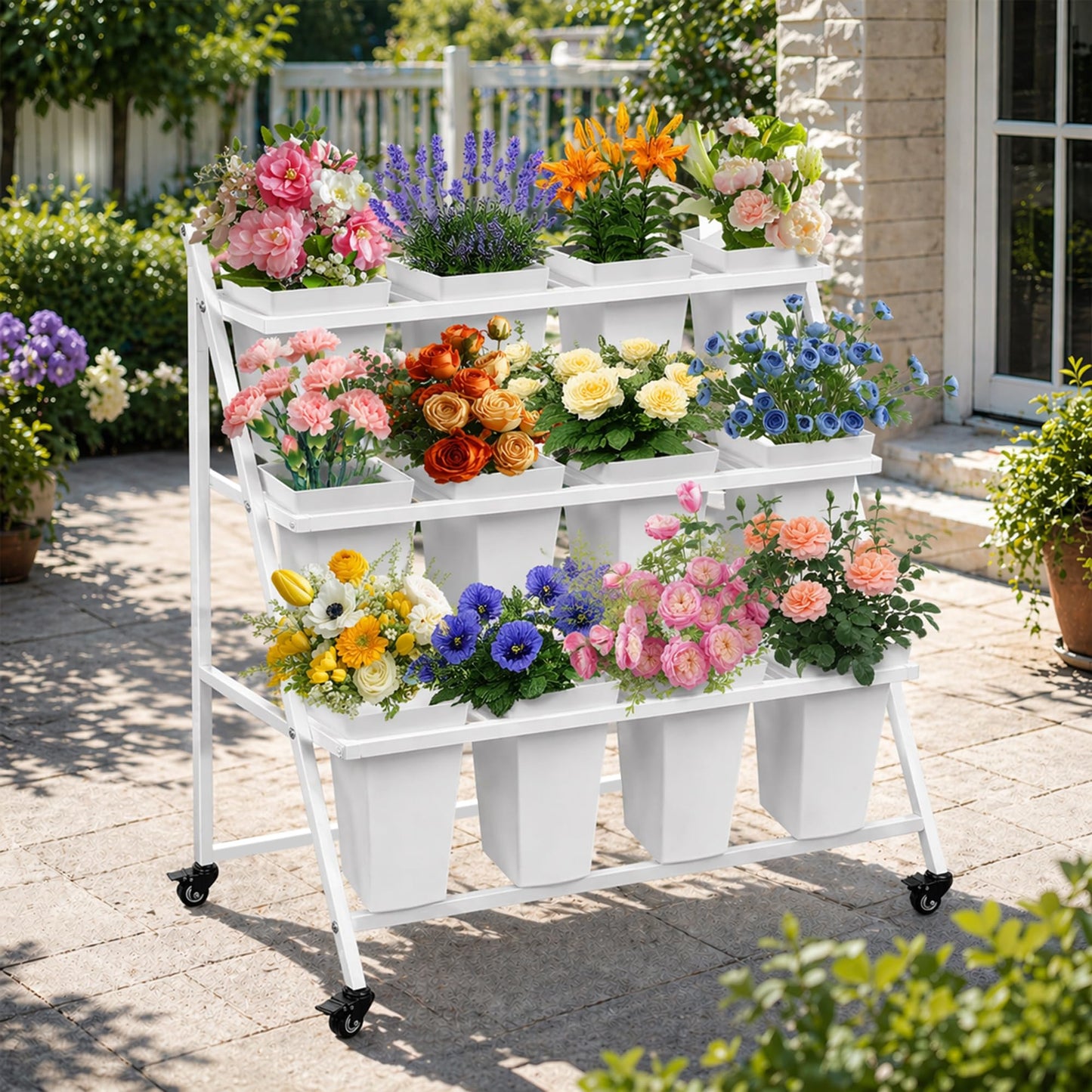 PROLEE Flower Stand with 12 Buckets, Flower Display Stand with Wheels, Flower Cart, Moving Florist Bouquet Shelf, Triangular (White)
