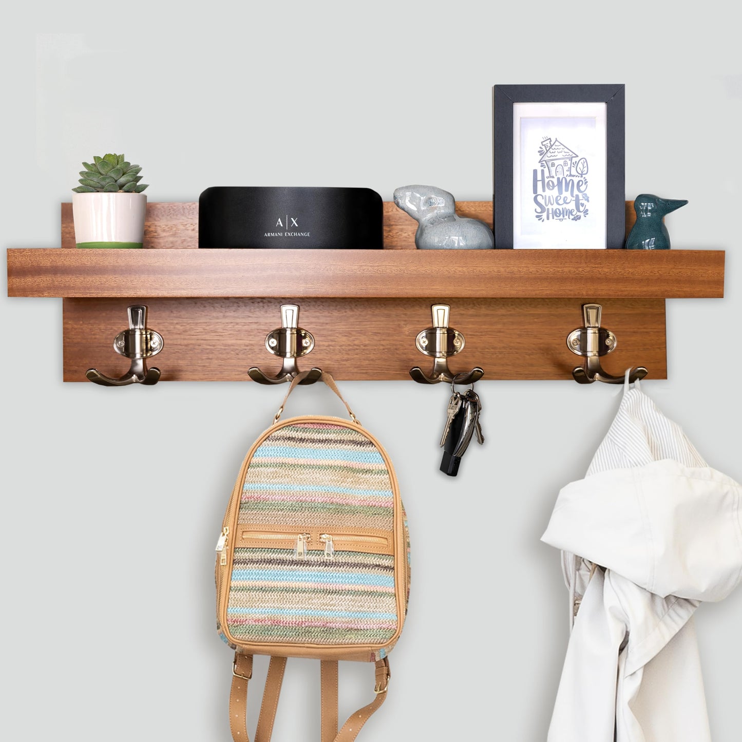 Straga Handmade Entryway Organizer–Wall-Mounted Shelf with 3 or 4 Sturdy Hooks for Coats, Bags, Keys & Umbrellas – Mudroom, Hallway, Bathroom, Modern-Traditional Design – Made in USA 10