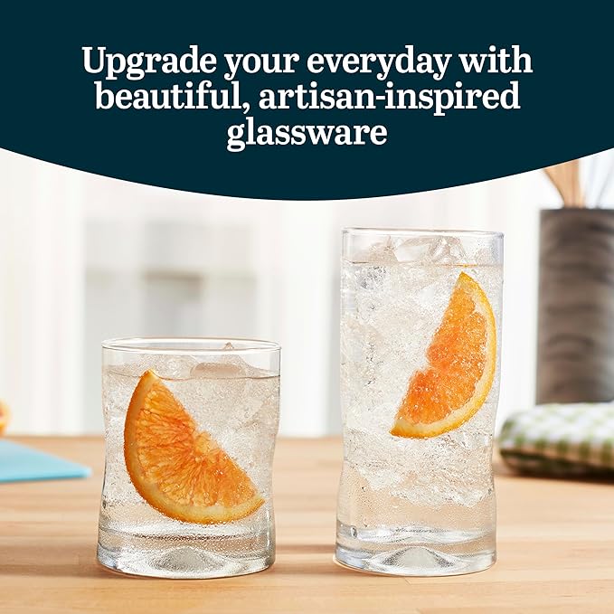 Libbey Impressions 16-Piece Tumbler and Rocks Clear Drinking Glasses, 8 16.7oz & 8 12oz Double Old-Fashioned Glass Drinking Cups Set