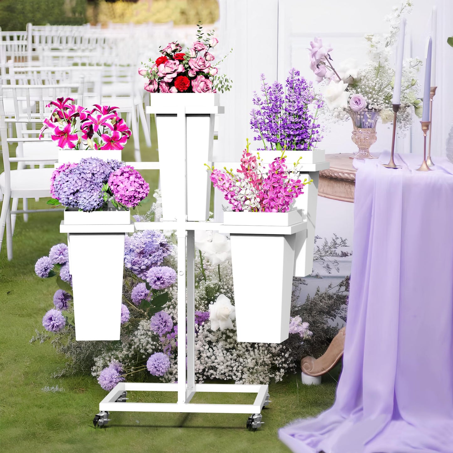 Asee'm Flower Display Stand with 5 Square Buckets Multi-tiered Metal White Flower Cart Stand with Wheels Moving Plant Stand Bar Shelf Flower Holder for Indoor Outdoor Patio Garden Florist Wedding