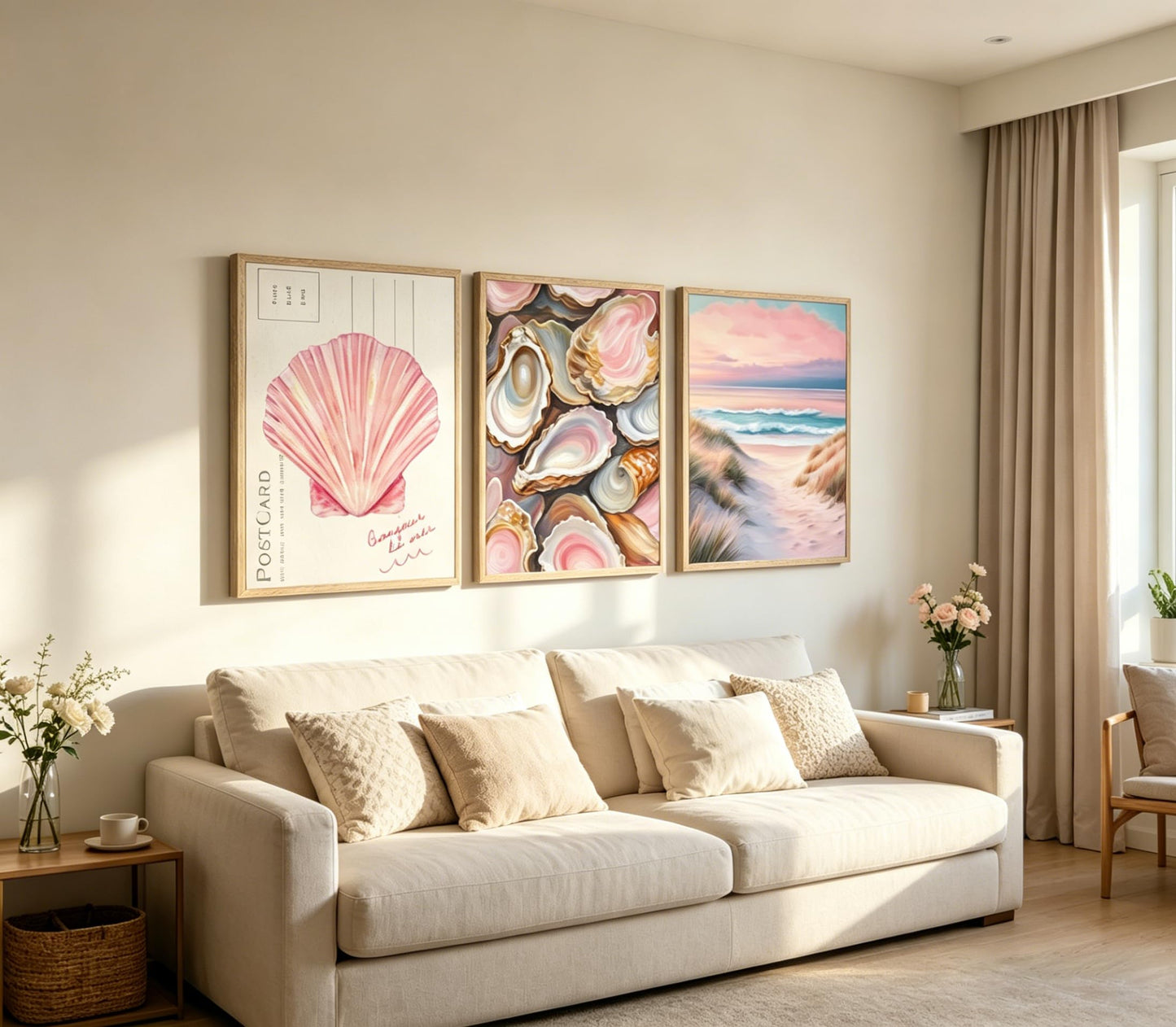 Aisandcuis 3Pcs Pink Oyster Shell Poster Wall Art Coastal Painting Picture Wall Decor Preppy Girly Beach Canvas Print Artwork for Beach House Apartments Girls Room Dorm Home Decoration Unframed