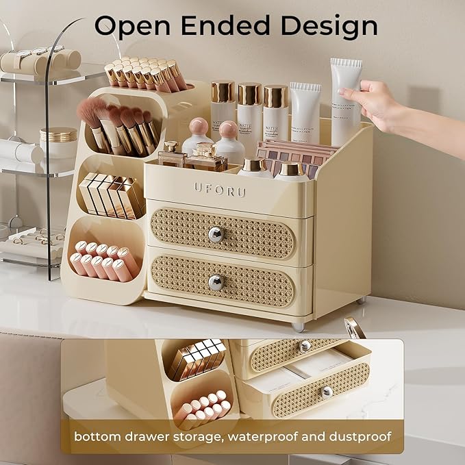 UFORU Makeup Organizer for Vanity with Brush Holder, Large Capacity Bathroom Countertop Skincare Organizer with 2 Drawers, Cosmetic Display Case for Perfumes, Eyeshadow Palettes, Nail Polishes